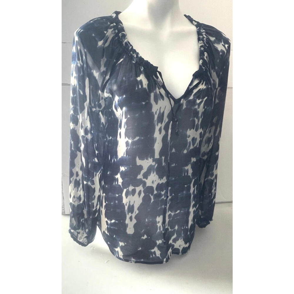 ROSE Women’s Blouse Size M Sheer Deep V-Neck Tie Front Long Sleeve Olive Black B
